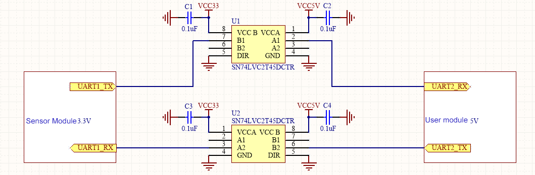 Bidirectional level shifter circuit using SN74LVC2T45DCTR for 3.3V to 5V voltage conversion