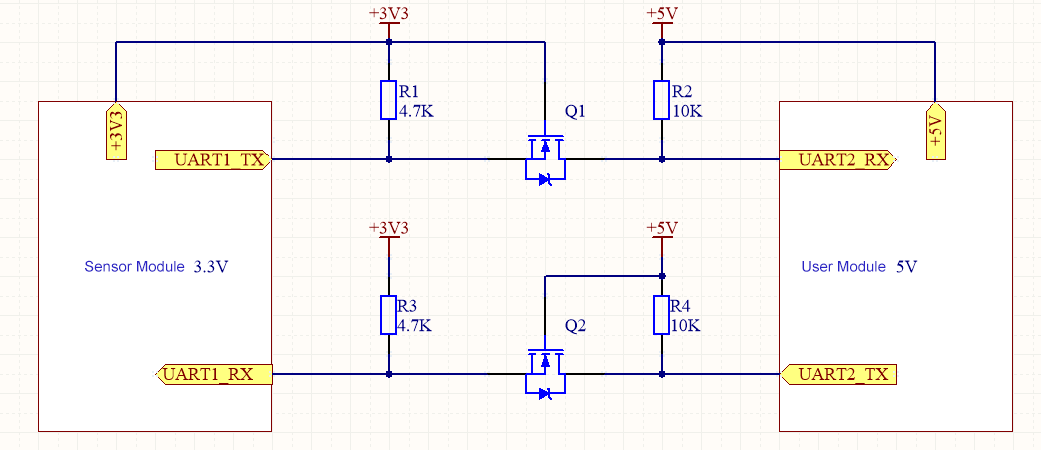 MOSFET-based bidirectional level converter circuit for UART/SPI (3.3V to 5V)