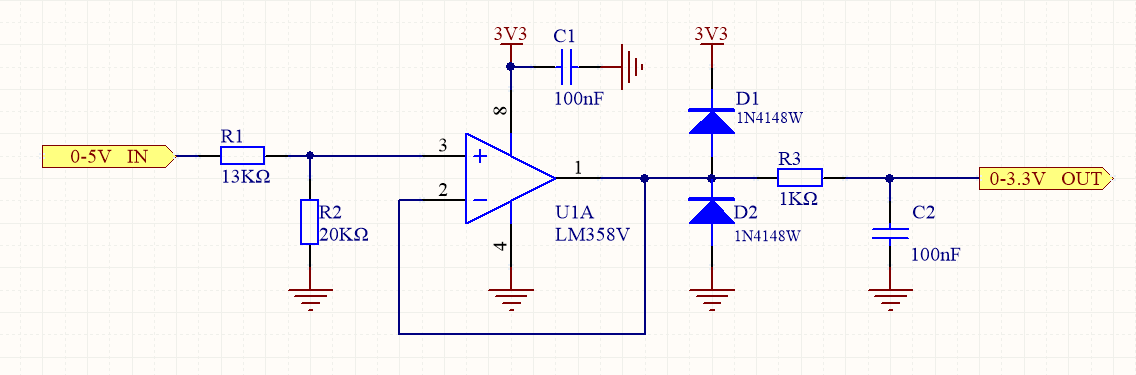 STM32 ADC voltage divider circuit with op-amp buffer and RC low-pass filter for 0-5V to 0-3.3V signal conditioning