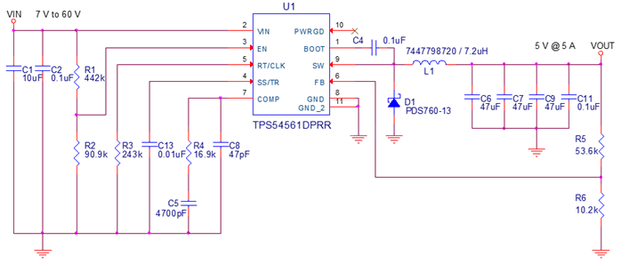 Functional block diagram of the TPS54561DPRT soft start configuration in a buck power supply circuit